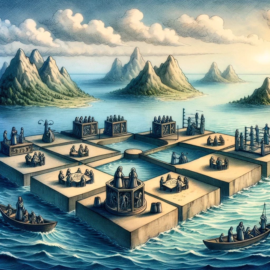 An artistic interpretation of knowledge silos in an organization, depicted as isolated islands in a vast ocean, with each island representing a different team or department. The ocean is calm but expansive, highlighting the separation and lack of connection between the islands. In another scene, illustrate the concept of redundancy in efforts, showing teams unknowingly working on the same problem, depicted as actors rehearsing the same lines for different plays on separate stages. The style should be reminiscent of Leonardo da Vinci, focusing on detailed and intricate illustrations that capture the essence of isolation and redundancy, using ink and light watercolor tones.