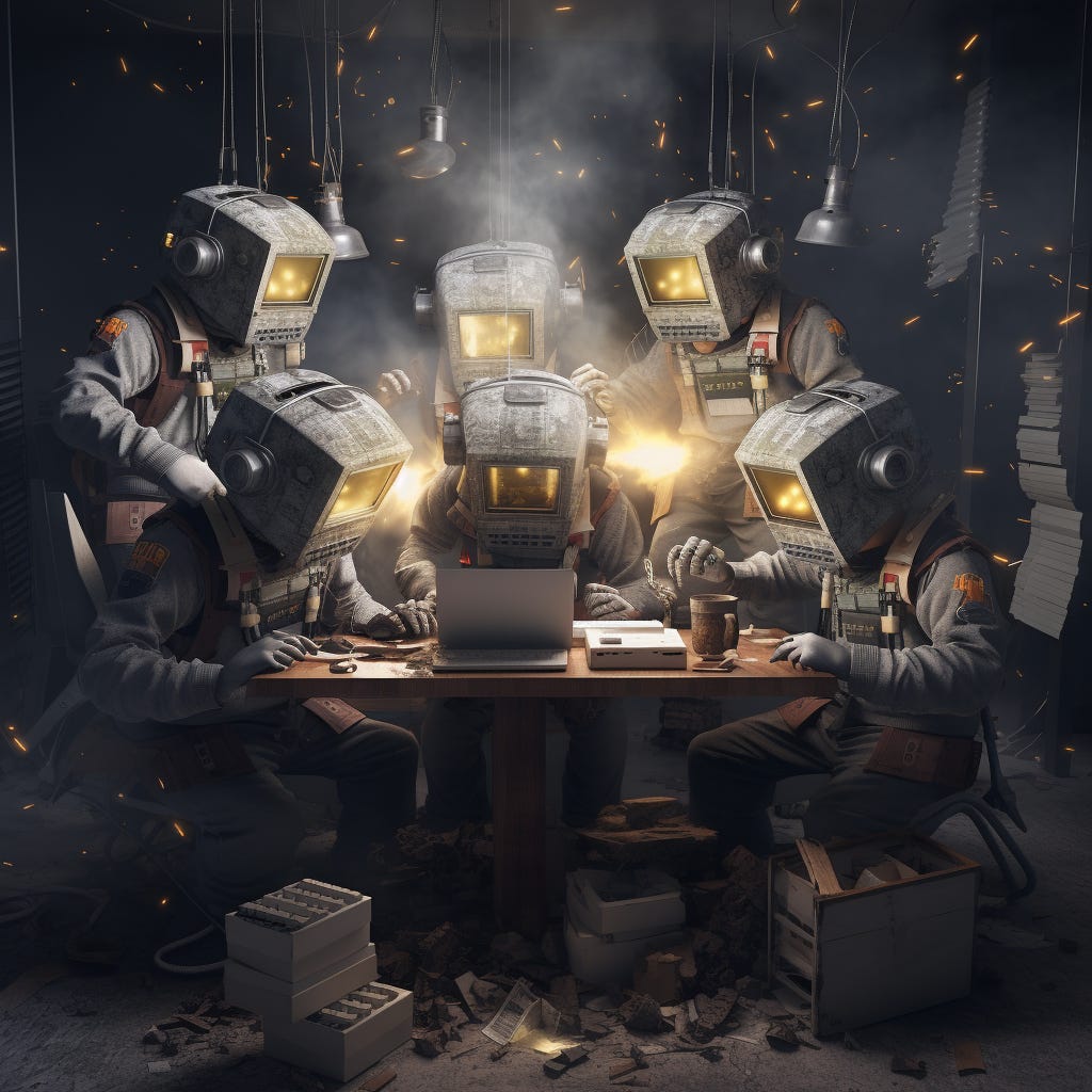 Illustration of a team of figures in welding masks gathered around one laptop at a table, sparks flying: collaboration in the middle of the hard work.
